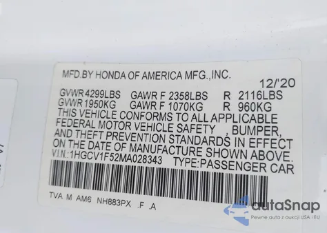 2021 Honda Accord Ex-L from USA, damaged, VIN 1HGCV1F52MA028343